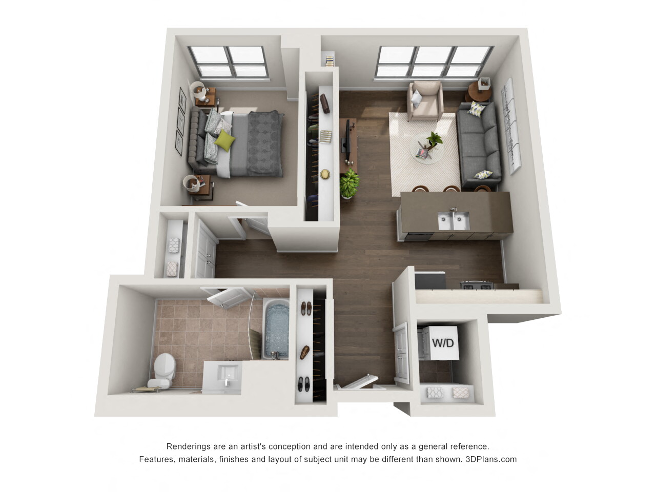 Floor plan for 1 bed, 1 bath, 731 sqft